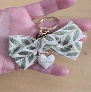 Floral Bow Keychain with Heart Charm